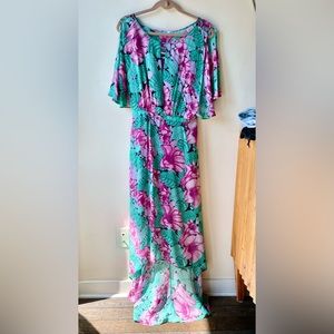 Rare Anthropologie Leif Notes Aqua/Pink Floral Wrap Dress with Pink Slip sz 6